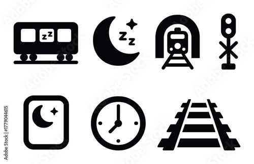 Night train travel icon set: moon, clock, railway, train, sleep