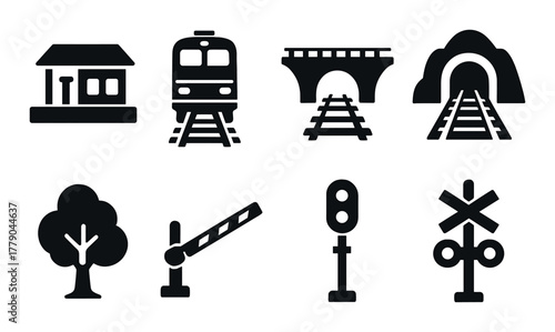 Railway icons: train, bridge, tunnel, signals, and infrastructure elements