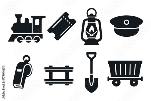 Vintage railroad icons: train, ticket, lantern, conductor hat, whistle, tracks, shovel, cart