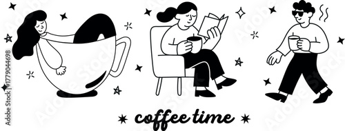 Simple black and white coffee-themed line art — a trendy vector pack for design projects and cafe culture lovers.