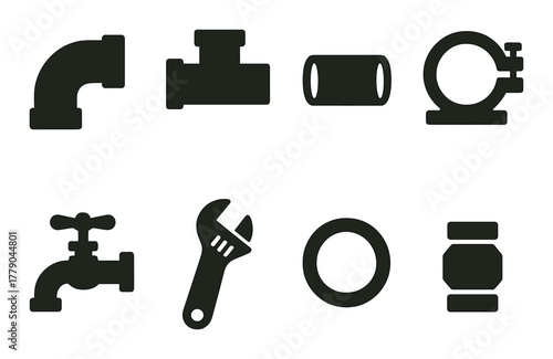 Silhouette icons of plumbing tools and pipe fittings on yellow background