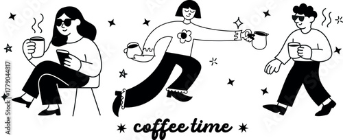 Playful coffee doodles featuring mugs, sweets, and people — great for cafe logos, menu art, or wallpapers.