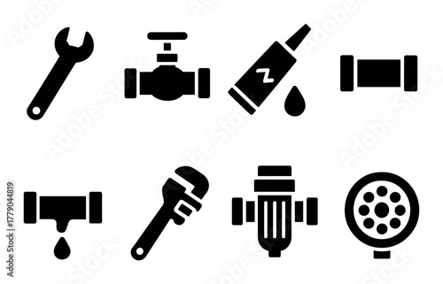 Silhouette icons of plumbing tools and fixtures in black vector design