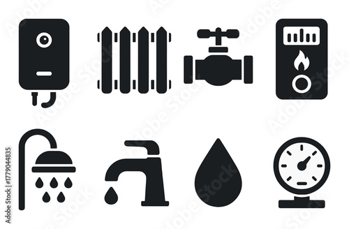Household plumbing and heating icons: boiler, radiator, valve, shower, faucet, droplet, gauge