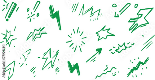 Collection of green hand drawn doodle icons and symbols including lightning bolts exclamation points stars and arrows on white background