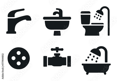 Black silhouette icons of bathroom fixtures and plumbing components