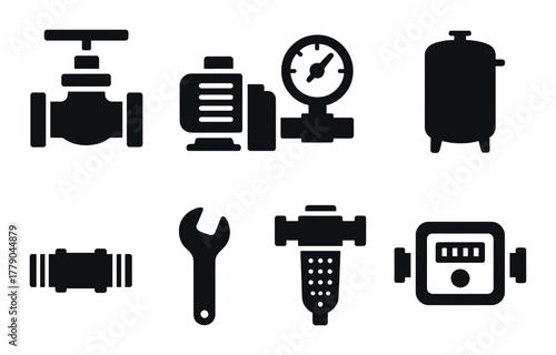Industrial equipment icons featuring valves, gauges, and tools on dark background