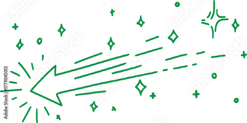 Green hand drawn arrow shooting star and sparkles on white background vector
