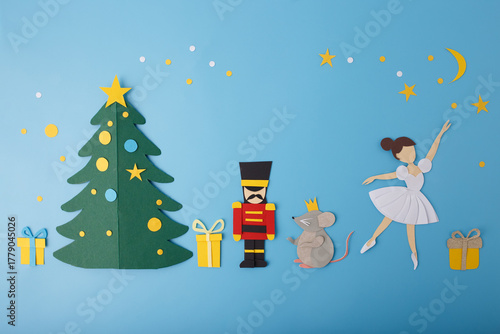 Creative Nutcracker-themed paper craft collage showcasing iconic ballet characters, suitable for DIY craft kits, educational materials, children magazines, and festive advertising campaigns,