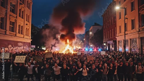 Protest in City Street with Fire - A large crowd of protesters gathers on a city street, some holding signs. In the background, police cars are visible behind a significant fire burning in the street.