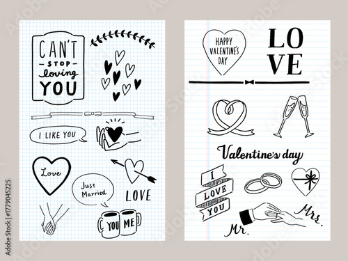 手描きのイラスト ハート 結婚 バレンタイン バリエーション 装飾 モチーフ素材 あしらい ノートの背景