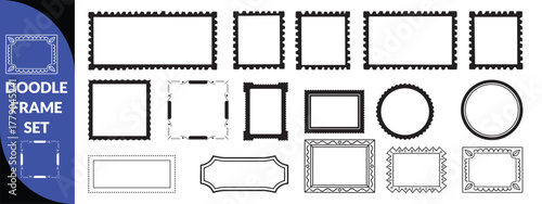 Doodle frame set, vector hand drawn stamp border, vintage abstract wavy post stamp simple design. Blue decorative rectangle label, empty banner shape collection. big set design 
