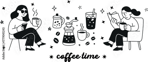 Modern minimalist vector art of coffee lovers, croissants, and drinks — chic and aesthetic for packaging, stickers, posters, and creative branding.