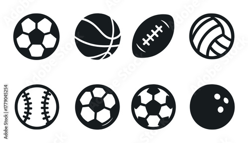 Set of eight sports icons featuring popular ball games in dark tones