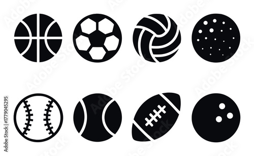 Set of iconic sports ball designs on black background