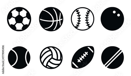 Silhouettes of popular sports balls on dark background
