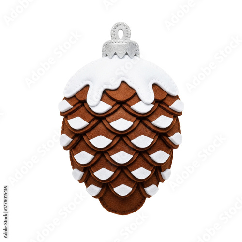Felt applique Christmas ornament snowy pine cone toy isolated on white background
