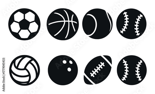 Set of eight black and white sports ball icons