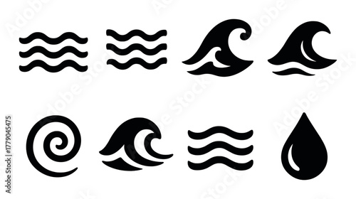 Black water wave icons on dark background with various ocean symbols
