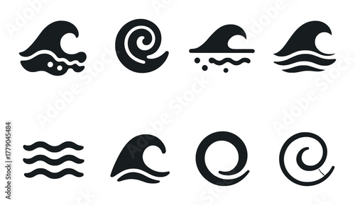 Minimalist ocean wave icons set with black background