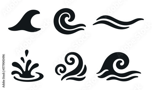 Six abstract wave icons on dark background