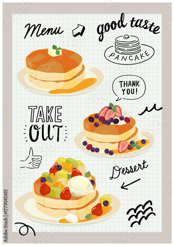 パンケーキのイラストのバリエーション 装飾 メニューの素材 あしらい ノートの背景