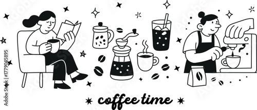 Hand-drawn coffee time vector collection with croissants, mugs, and cozy characters. Perfect for cafe prints, menu design, and branding.