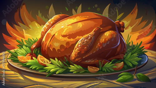 Very beautiful close-up of roasted Thanksgiving turkey with herbs and golden crispy skin, realistic warm lighting and shallow depth of field.