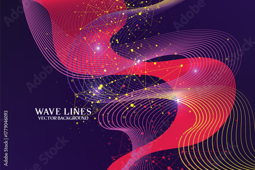 Abstract colorful digital equalizer wave lines on dark purple background