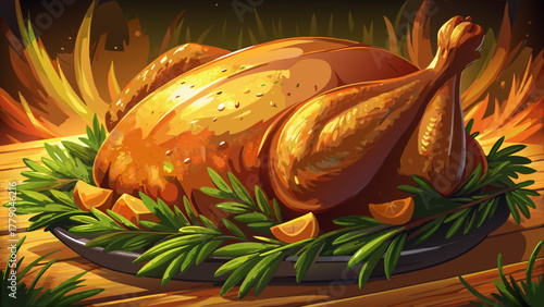 Very beautiful close-up of roasted Thanksgiving turkey with herbs and golden crispy skin, realistic warm lighting and shallow depth of field.