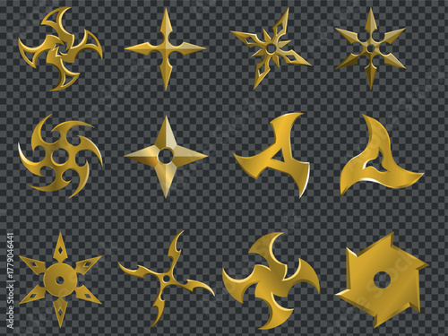 Big collection of Gold metallic throwing stars. Vector illustration of a metallic ninja star (shuriken) with sharp, symmetrical blades.