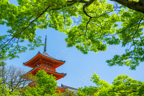 京都　清水寺の三重塔と新緑