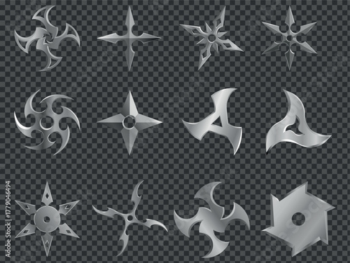 Big collection of metallic throwing stars. Vector illustration of a metallic ninja star (shuriken) with sharp, symmetrical blades. Ideal for martial arts designs, icons, or themed artwork.