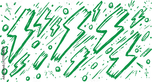 Green hand drawn lightning bolts and dots pattern thunder storm