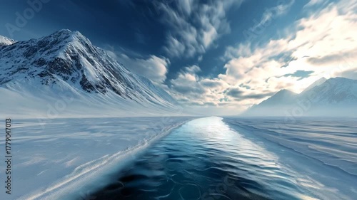 Majestic winter landscape with mountains frozen river