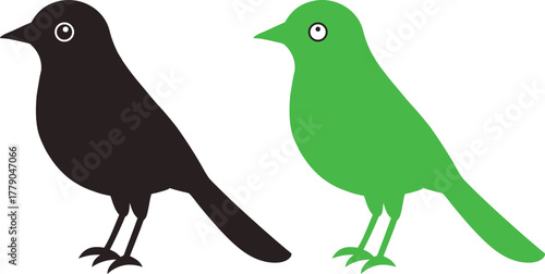 Two stylized cartoon birds one black and one bright green standing side by side against a white background