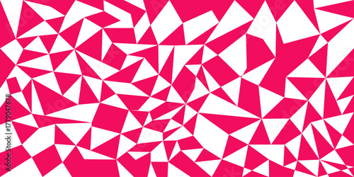 Abstract background with a geometric pattern of triangles in pink and white colors scattered randomlyv