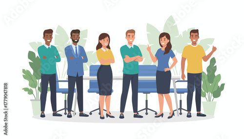 Diverse team of smiling professionals standing together confidently in a corporate office