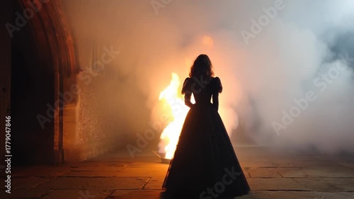 Mystical silhouette of woman in dark dress standing in of blazing fire swirling smoke