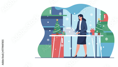 Happy businesswoman works on her laptop in a modern holidaydecorated office