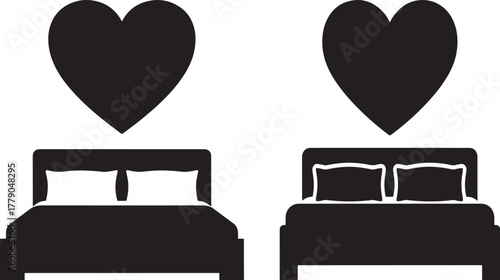 Two beds with hearts above silhouette