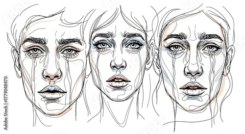 Three faces expressing vulnerability: a monochromatic exploration of emotion and sensitivity