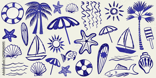Collection of hand drawn blue summer beach vacation icons and elements on a light background