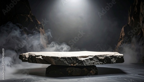 Stone pedestal with mist and spotlight in dark rocky environment