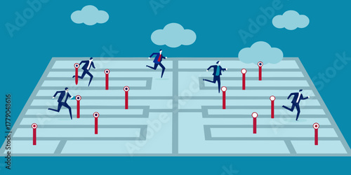 Businessmen running through a complex maze with red markers representing challenges and goals