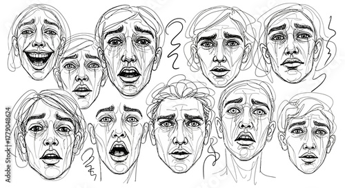 Expressive ink drawing displaying variety of human emotions through faces and expressions