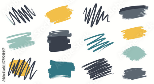 Abstract brush strokes and scribbles composition in muted yellow blue and gray palette creating a