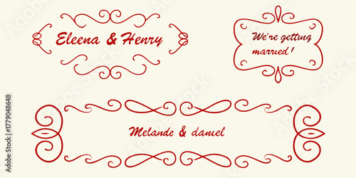 Elegant red swirl flourish frames with wedding couple names and announcement