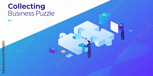 Business professionals collaborate to solve a complex puzzle representing strategy and teamwork