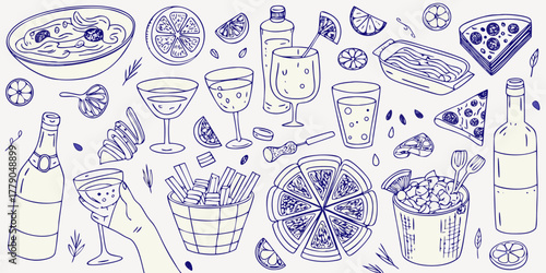 Hand drawn illustration of a celebratory meal with pizza pasta drinks and citrus fruits